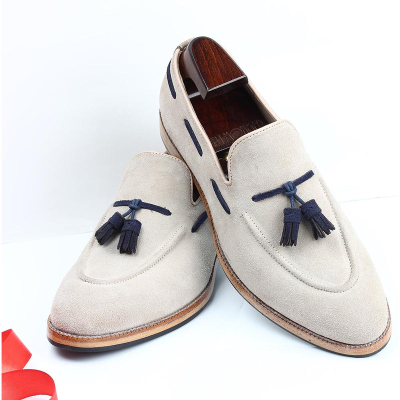 Cream Suede With Blue Tassel Classic Loafers