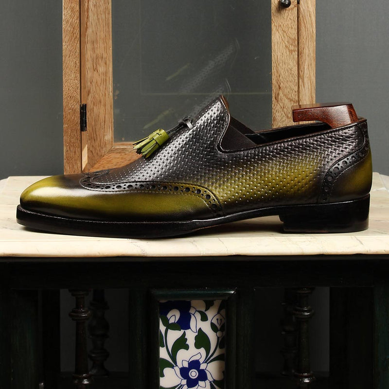 Green + Blackish Mirror Glossed Patina Tassel Loafers With Braided Detail