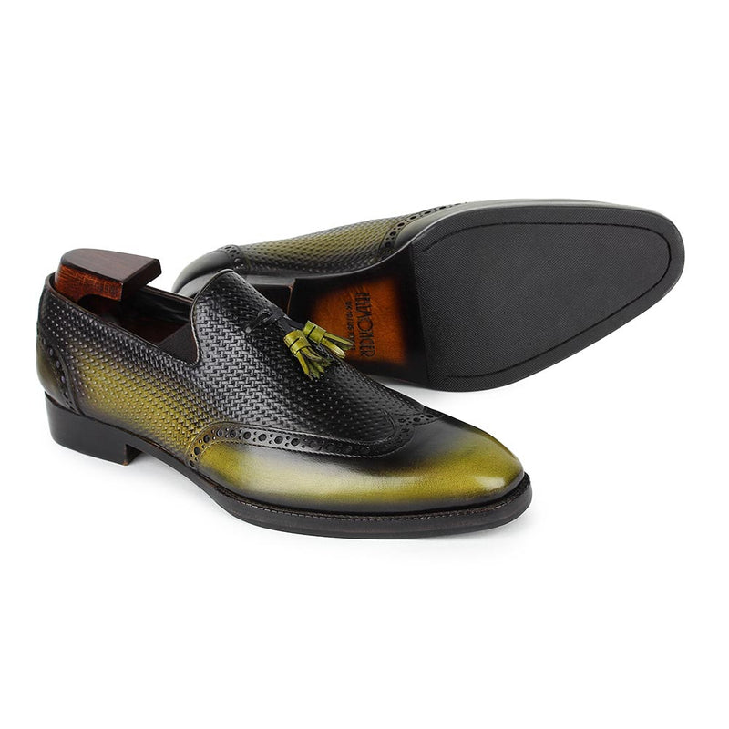 Green + Blackish Mirror Glossed Patina Tassel Loafers With Braided Detail