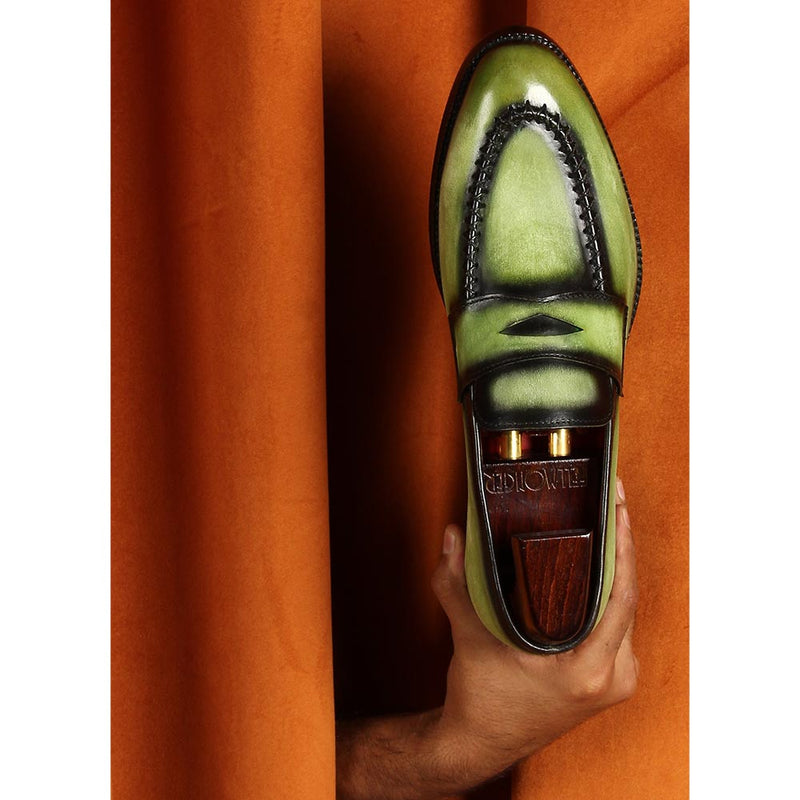 Green Glossed Washed Patina Penny Loafers With Stitch Detail
