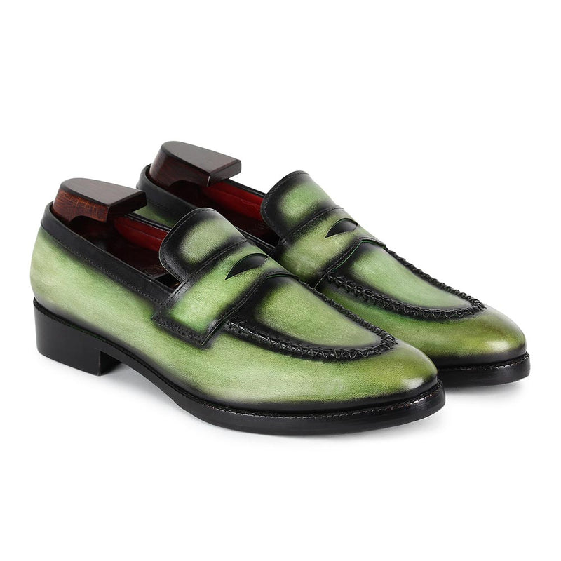 Green Glossed Washed Patina Penny Loafers With Stitch Detail