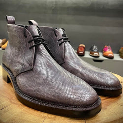 Metallic Grey Mirror Glossed Textured Chukka Boots With Metal Toe Plate