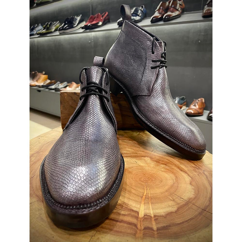 Metallic Grey Mirror Glossed Textured Chukka Boots With Metal Toe Plate