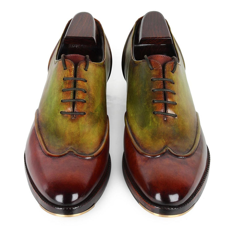 Tan + Green Glossed Dual Tone Piping Detail Sharp Oxford With Metal Toe
