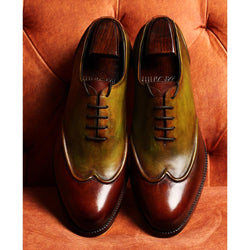 Tan + Green Glossed Dual Tone Piping Detail Sharp Oxford With Metal Toe