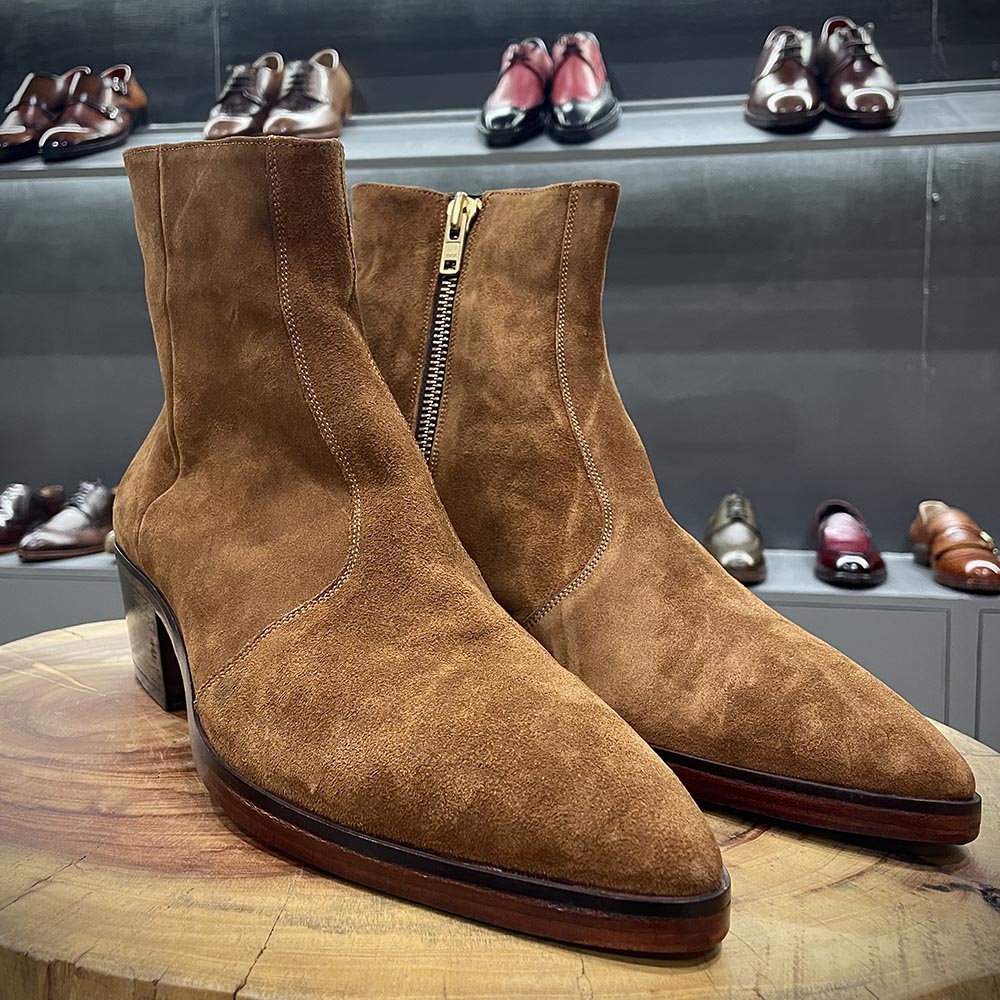 Tan Supersoft Suede Pointed Men Zip Boots With High Heel