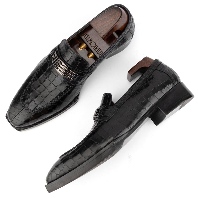 Black Croco Glosed Square Toe Spade Sole Loafer with Metal Detailed Buckle