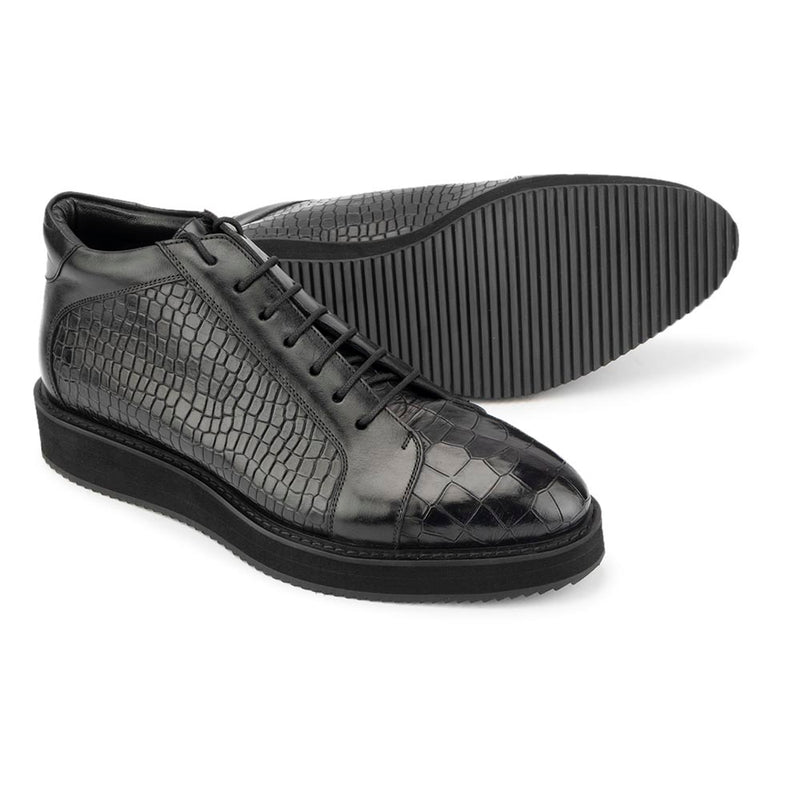 Black Croco Mirror Glossed High Top Sneakers with Platform Sole