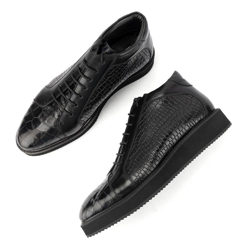 Black Croco Mirror Glossed High Top Sneakers with Platform Sole