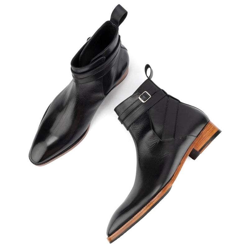 Black Mirror Glossed Jodhour Boots with Natural Wood finish Sole