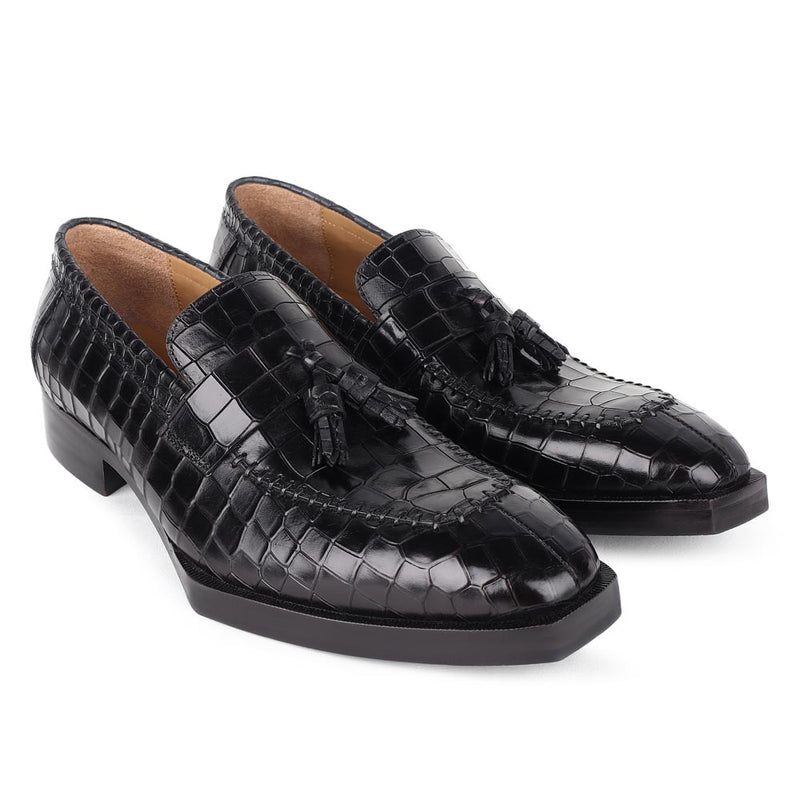Black Mirror Glossed Squarish Croco Spade Sole Tassel Loafers