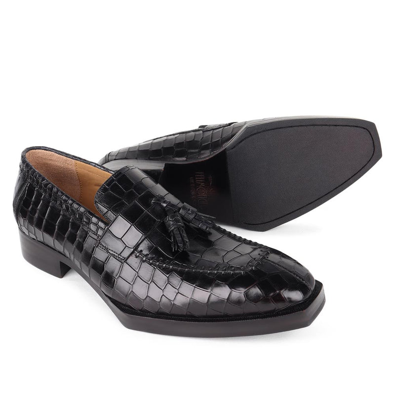 Black Mirror Glossed Squarish Croco Spade Sole Tassel Loafers