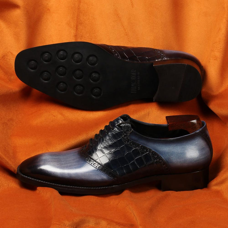 Blue Mirror Glossed Brushed Patina with Croco Saddle detail + Dainite Sole
