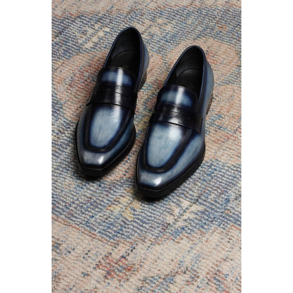 Blue Mirror Glossed Washed Patina Square toe Penny Loafers
