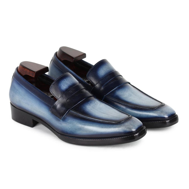 Blue Mirror Glossed Washed Patina Square toe Penny Loafers