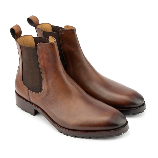 Borwn Glossed Vintage Chelsea Boots with Commando Sole