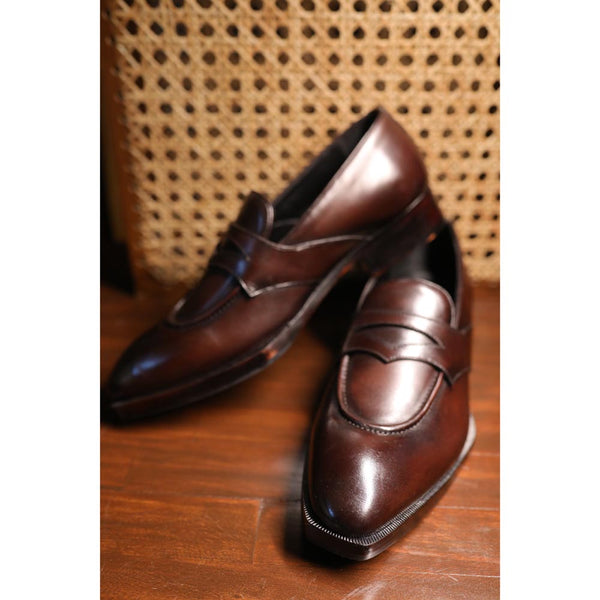 Brown Mirror Glossed Penny Loafer with Spade Sole