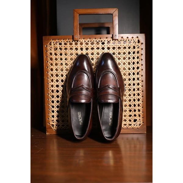 Brown Mirror Glossed Penny Loafer with Spade Sole