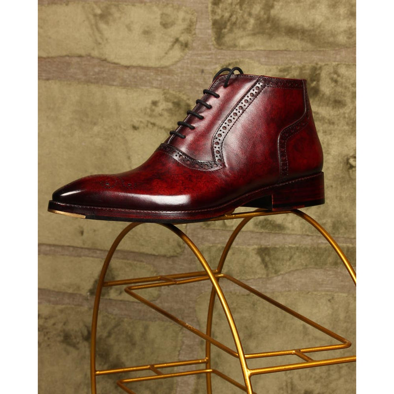 Burgundy Mirror Glossed Marble Patina Boots with Metal Toe Plate