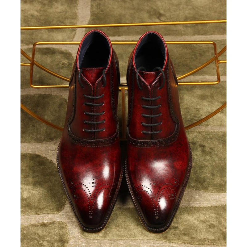 Burgundy Mirror Glossed Marble Patina Boots with Metal Toe Plate