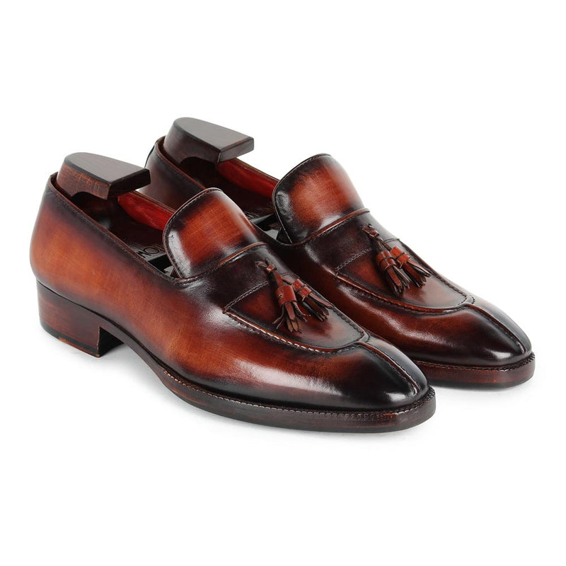 Cognac Mirror Glossed Check Pattern Patina Tassel Loafers