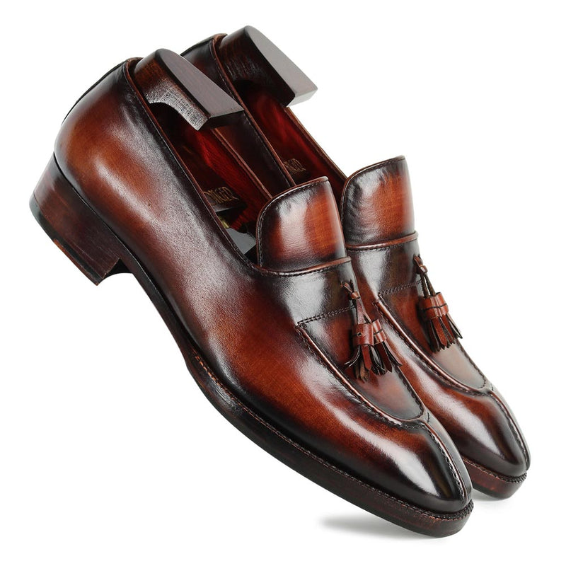 Cognac Mirror Glossed Check Pattern Patina Tassel Loafers