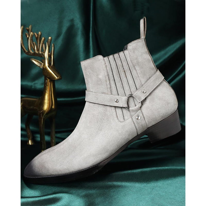 Grey Suede Burnished Harness Boots