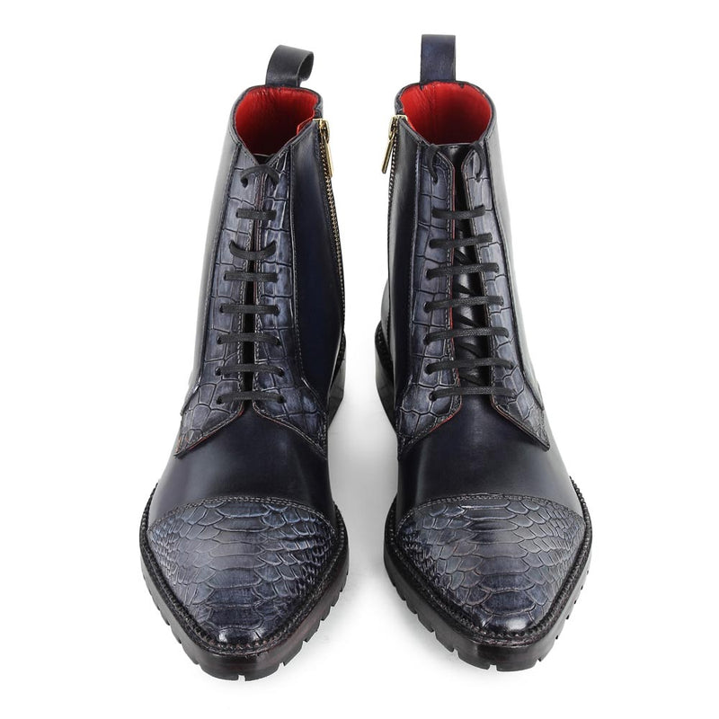Navy Pointed Mirror Glossed Python Patina Detailed Zip Boots