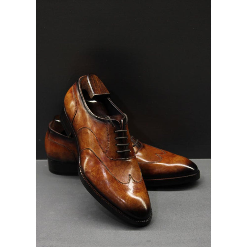 Tan Marble Patina Mirror Glossed Stitch Detail Wingtip Oxford