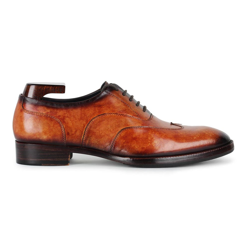 Tan Marble Patina Mirror Glossed Stitch Detail Wingtip Oxford