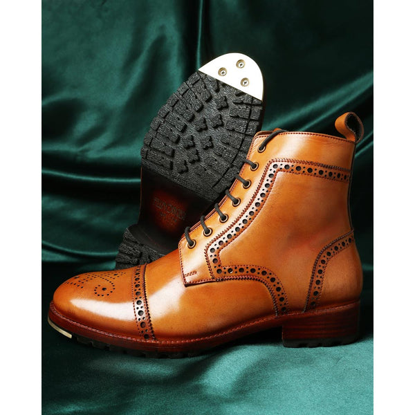 Tan Mirror Glossed Captoe Boots with Metal toe + Commando Sole