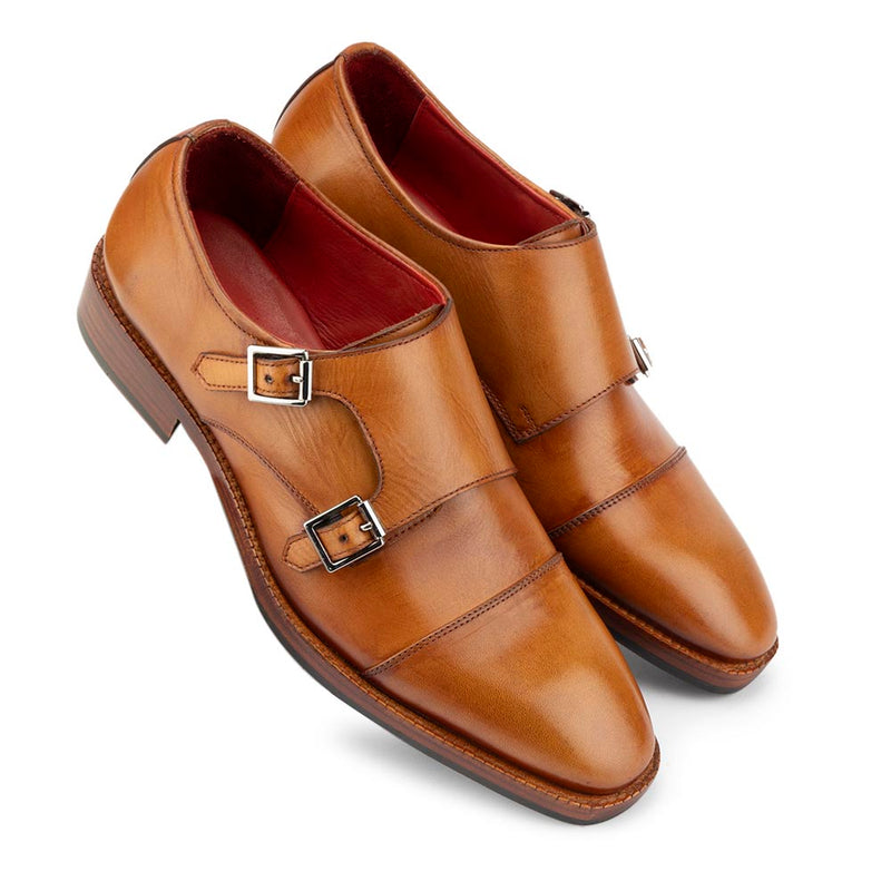 Tan Mirror Glossed Classic Double Monk Straps