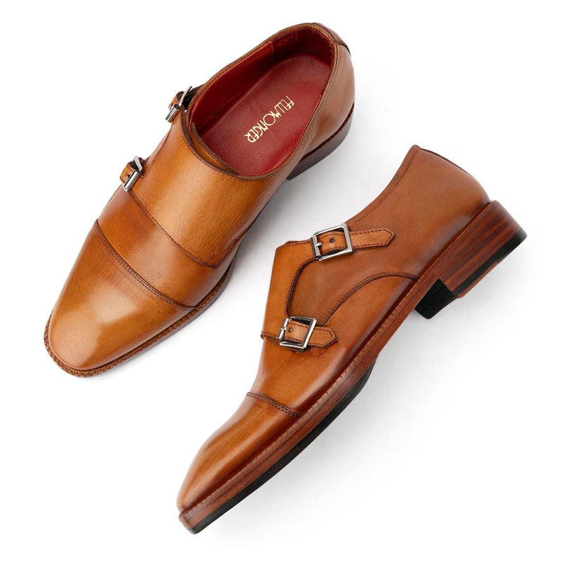 Tan Mirror Glossed Classic Double Monk Straps