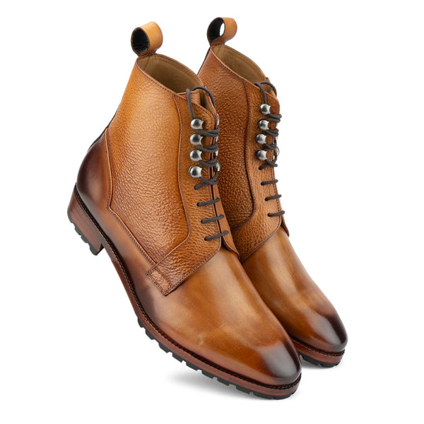 Tan Mirror Glossed Derby Boots with Grain Leather Detail