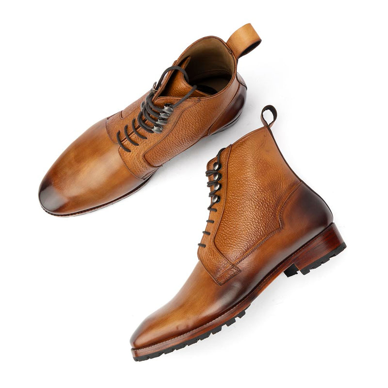 Tan Mirror Glossed Derby Boots with Grain Leather Detail