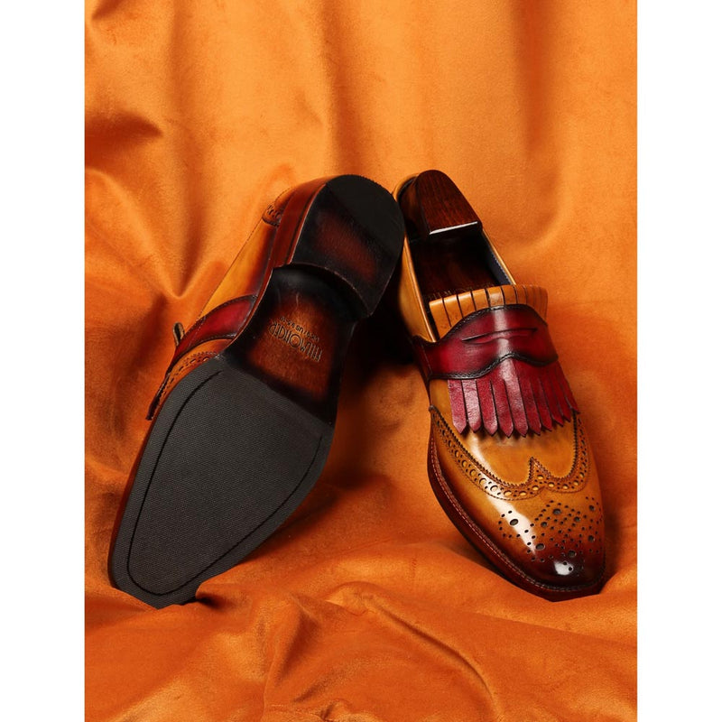 Tan Mirror Glossed Patina Loafers with Burgundy Pink Kiltie