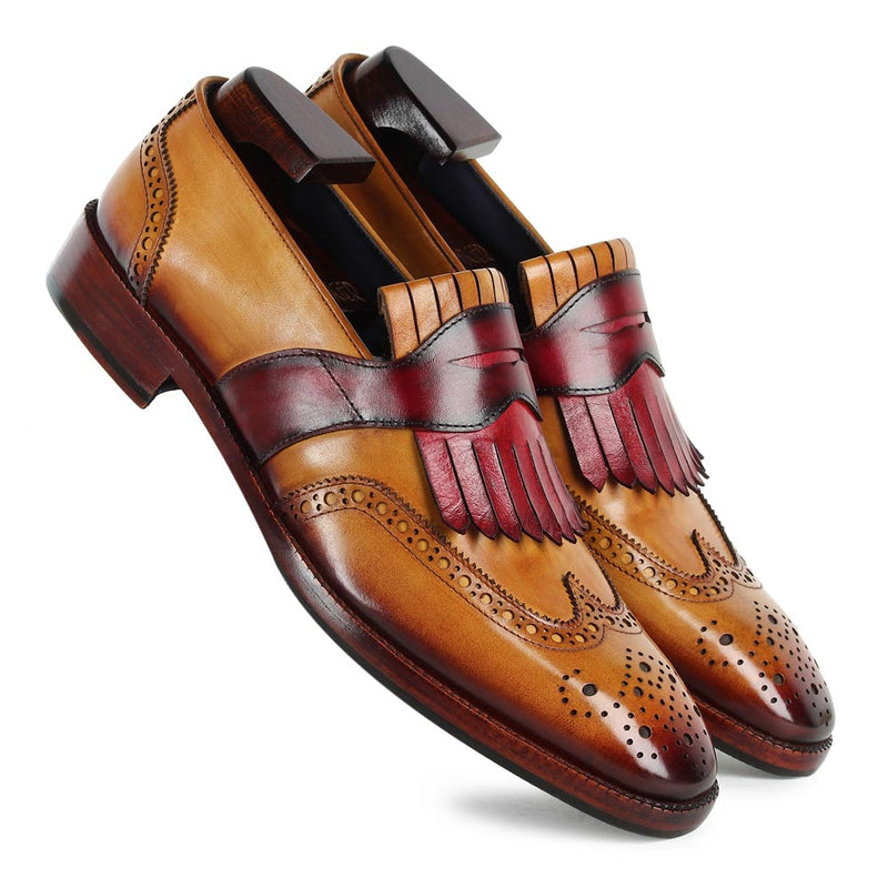 Tan Mirror Glossed Patina Loafers with Burgundy Pink Kiltie