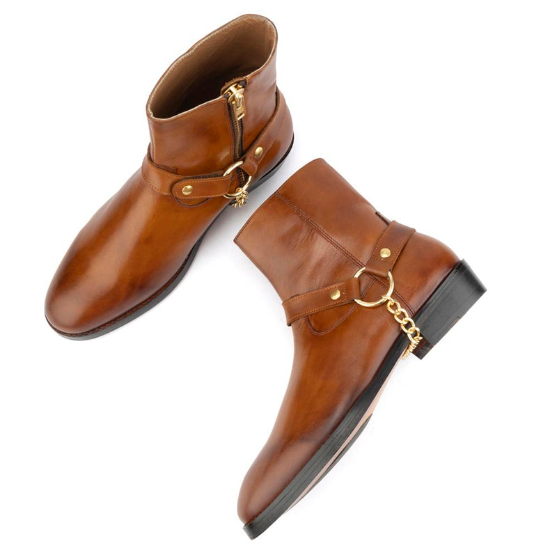 Tan Round Toe Harness Boots with Zip
