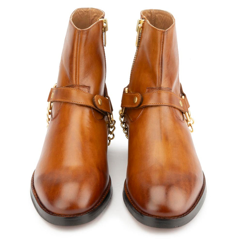 Tan Round Toe Harness Boots with Zip
