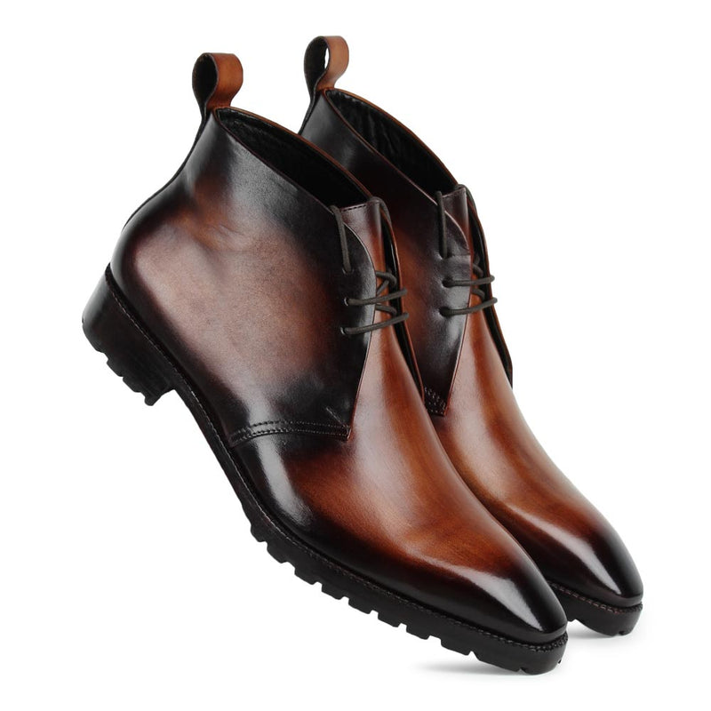 Wooden Brown Mirror Glossed Patina Sharp Chukka Boots