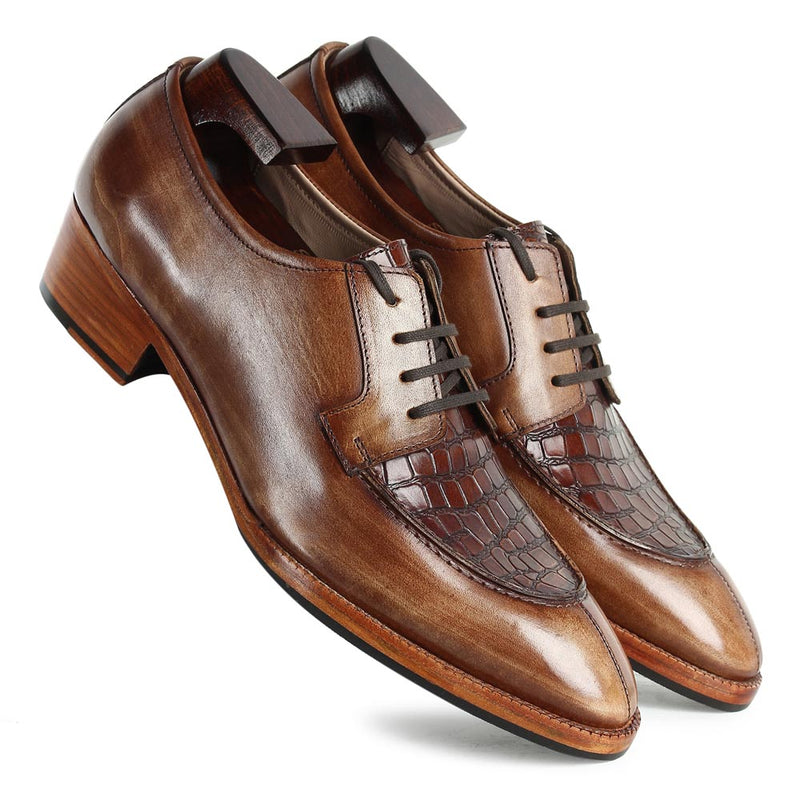 Wooden Brown Mirror Glossed Patina with Croco Detail + Cuban Stacked Heel