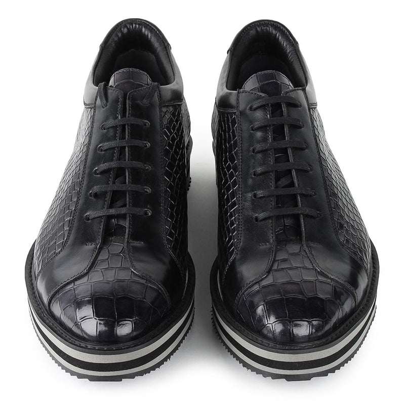 Black Croco Mirror Glossed Patina Platform Sneakers
