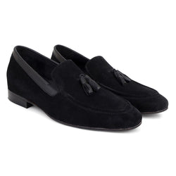 Black Suede Slipons With Leather Tassels