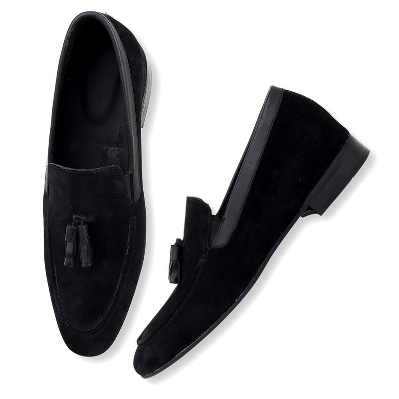 Black Suede Slipons With Leather Tassels