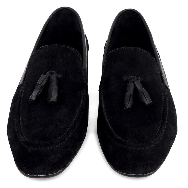 Black Suede Slipons With Leather Tassels