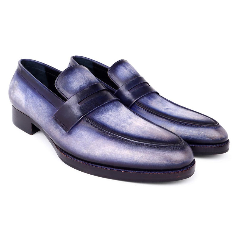Blue Handpainted Patina Washed Classic Penny Loafers