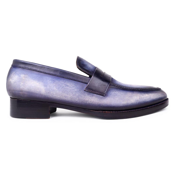 Blue Handpainted Patina Washed Classic Penny Loafers