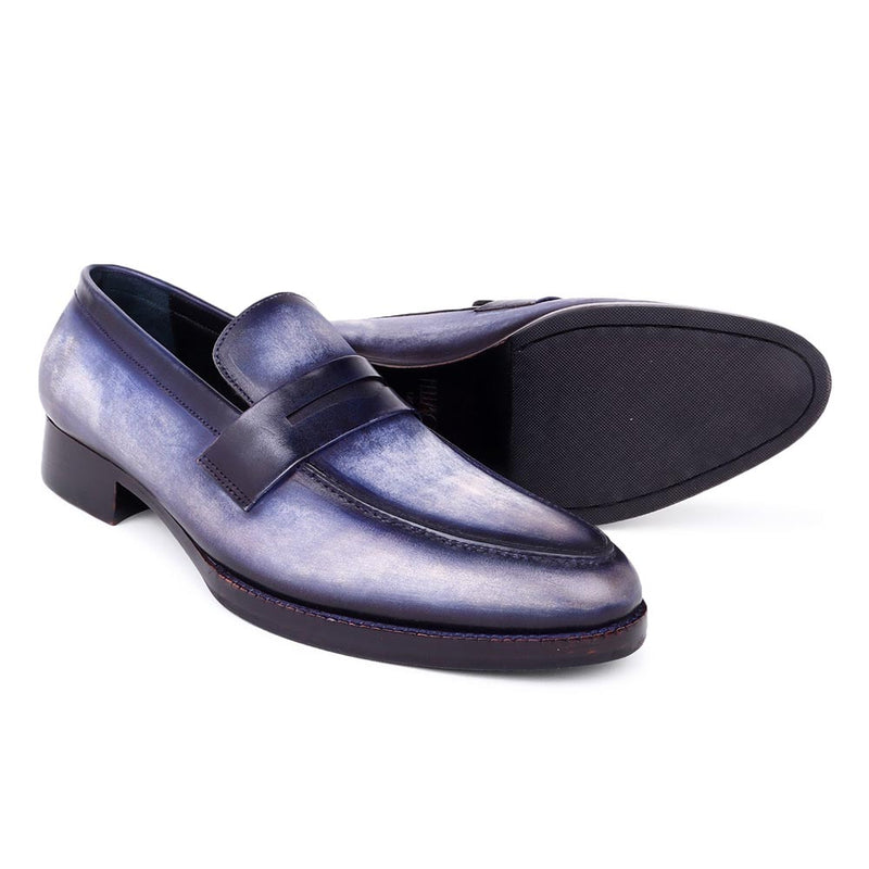 Blue Handpainted Patina Washed Classic Penny Loafers