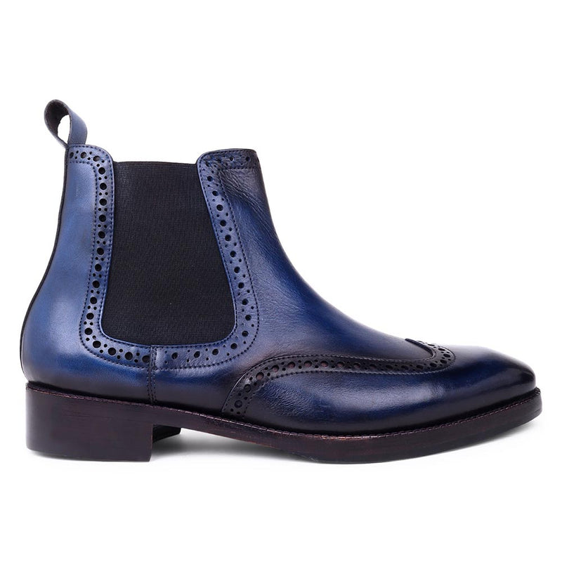 Blue Mirror Glossed Patina Handpainted Wingtip Chelsea Boots