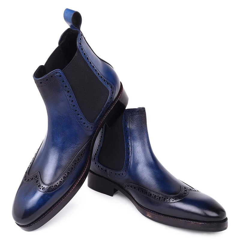 Blue Mirror Glossed Patina Handpainted Wingtip Chelsea Boots